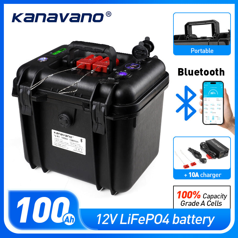 IP67 Waterproof 12V 100Ah LiFePO4 Rechargeable Lithium Iron Phosphate Battery Pack Built-in Bluetooth BMS for Trolling Motor