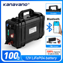 Waterproof 12.8V 100Ah LiFePO4 Battery Pack Build-in Bluetooth BMS For Solar RV EV Camper Yacht Inverter With Charger